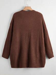 Elenzga Plus Size Dual Pocket Drop Shoulder Cardigan, For Winter Fall Cloth For Women - Coffee Brown - View 2