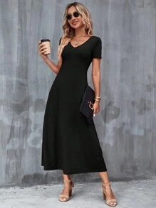 SHEIN Clasi 實色隱藏口袋黑色t恤裙