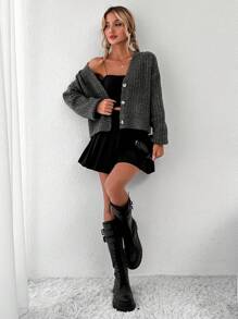 EURMUSE Cardigan Épaule tombante À Bouton Côtelé - Gris - Voir 4