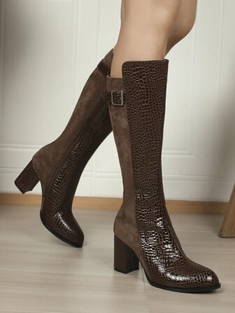 Women's Fashion Autumn/Winter Boots, Chunky Heel Dress Boots, Snake Skin Pattern Side Zipper Mid-Calf & Knee-High Boots