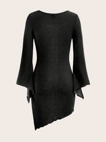 Sweetina Cut Out Front Flare Sleeve Glitter Bodycon Mini Dress - Black - View 8