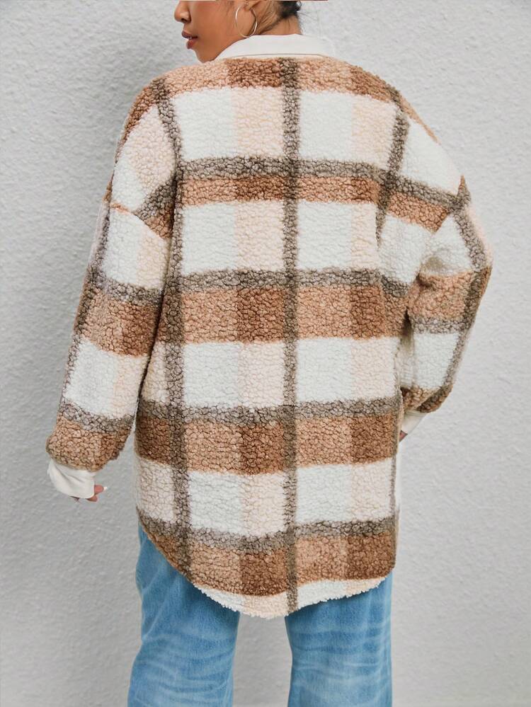 Plus Plaid Print Drop Shoulder Teddy Coat