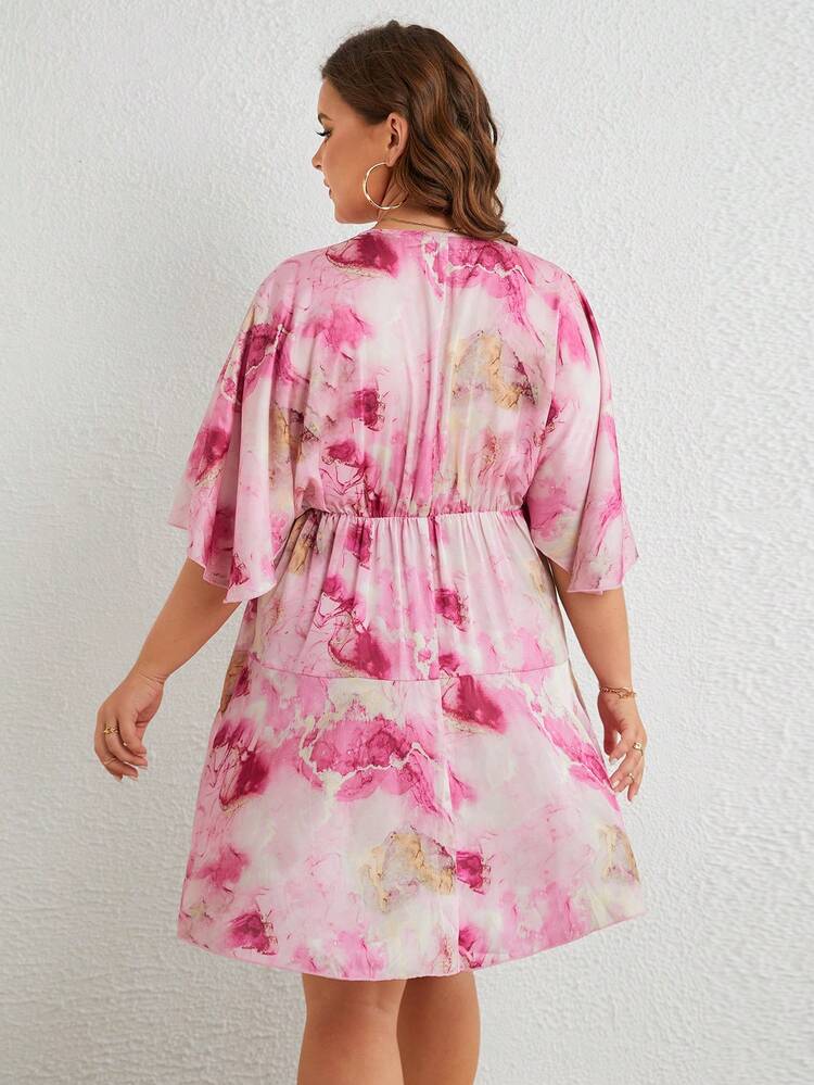 Plus Marble Print Butterfly Sleeve Ruffle Hem Wrap Buckle Side Dress