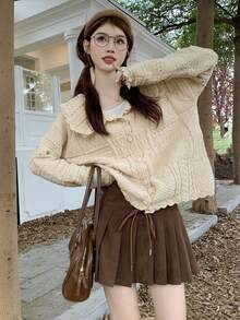 纯色水手领纽扣开衫、长袖上衣 - 杏色 - 查看 4