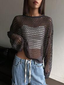 DAZY 鏤空落肩袖套頭毛衣不附吊帶上衣 - 深灰色 - 查看 1