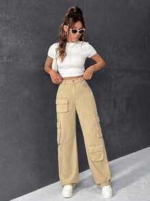 SHEIN Frenchy Flap Pocket Cargo Jeans - Blue - View 6