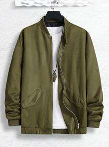 Manfinity Homme Men Zip Up Drop Shoulder Bomber Jacket Without Tee - Green - View 1