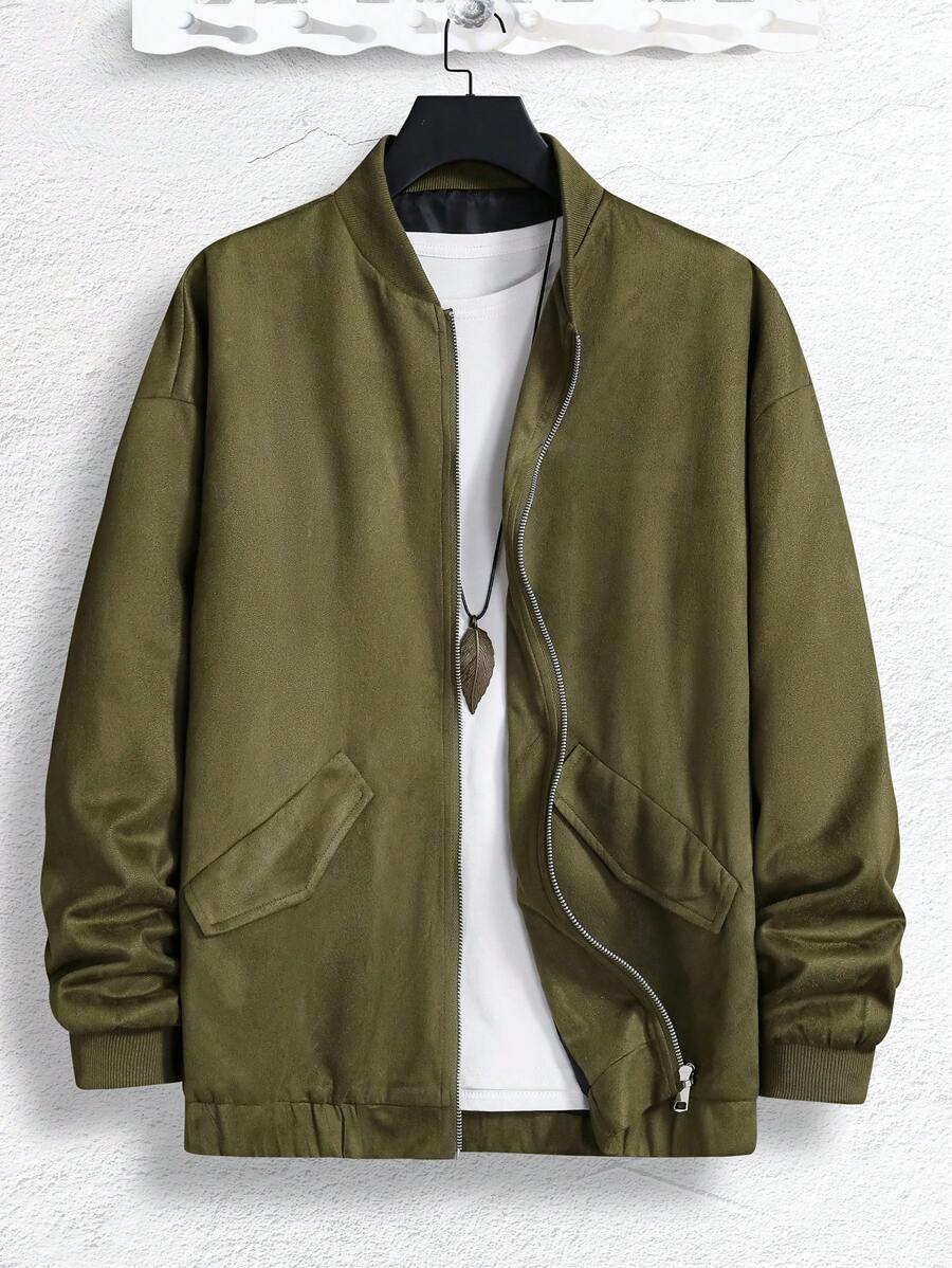 Manfinity Homme Men Zip Up Drop Shoulder Bomber Jacket Without Tee - Green - View 1