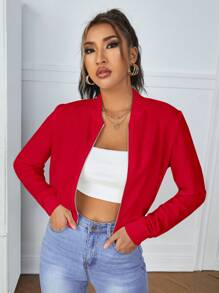 SHEIN Essnce Solid Zip Up Crop Jacket In Fall/Winter - Red - View 2