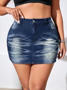SHEIN ICON Plus Zipper Fly Bodycon Denim Skirt