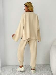 EURMUSE 水鑽細節落肩袖下擺開叉套頭毛衣和針織褲 - 米色 - 查看 2