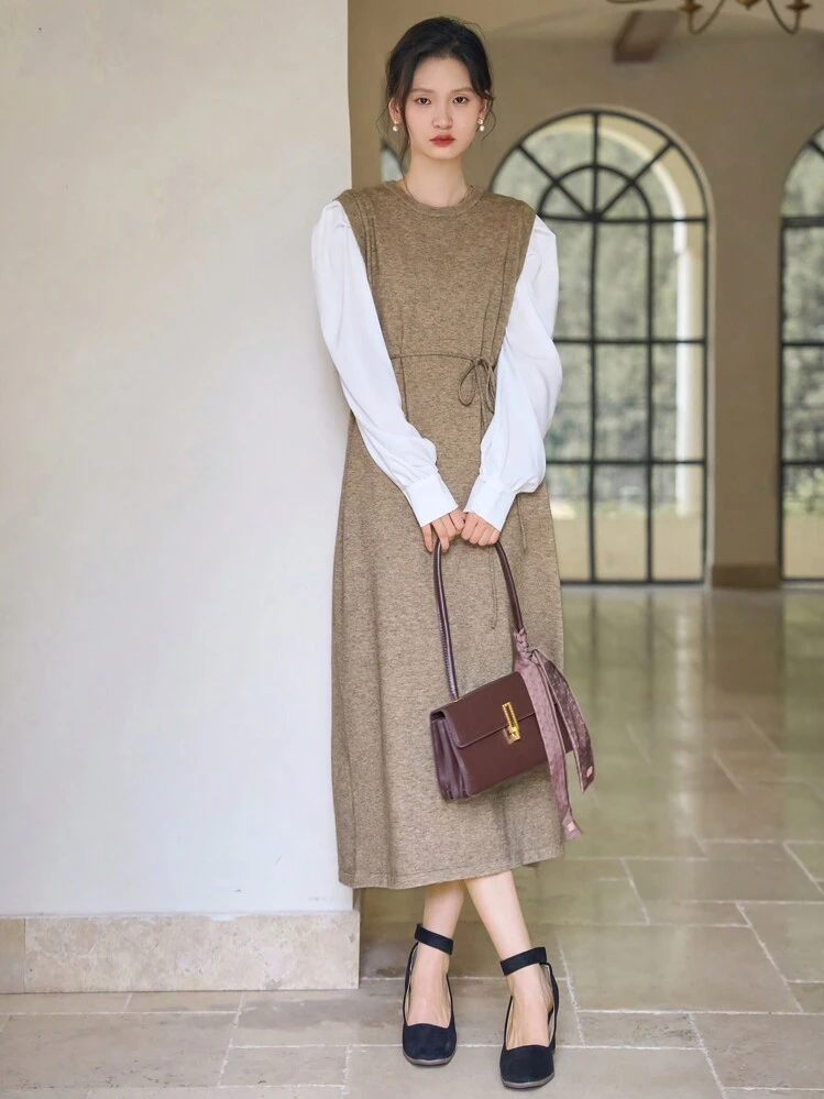 DAZY Vestido de suéter con cinturón de bloques de color, ropa de otoño - Caqui - Añade 7