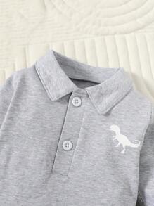 SHEIN Bộ 3 áo liền quần dài tay cổ bẻ họa tiết khủng long thêu trang trí phong cách đại học dễ thương cho bé trai - Nhiều màu - Xem 3