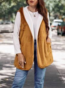 SHEIN LUNE 大碼開門襟連帽法蘭絨外套馬甲 - 彩色 - 查看 1