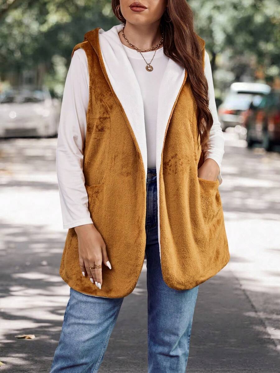 SHEIN LUNE 大碼開門襟連帽法蘭絨外套馬甲 - 彩色 - 查看 1