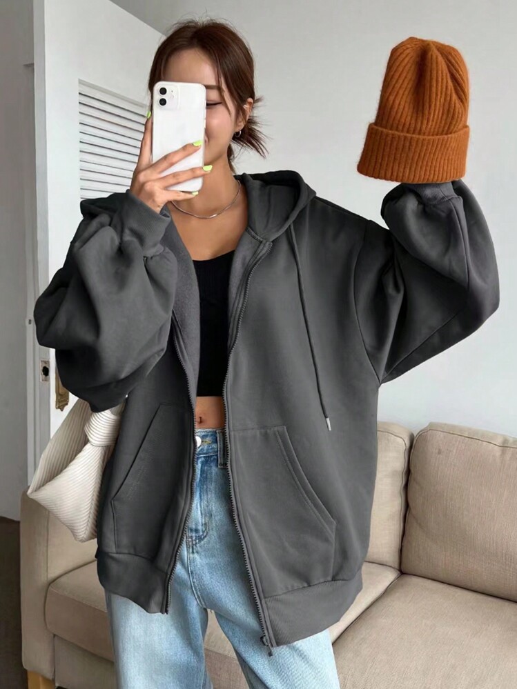 DAZY Zip Up Drop Shoulder Drawstring Thermal Lined Hoodie,Long Sleeve Tops,Fall Women Clothes Sweatshirt Jacket