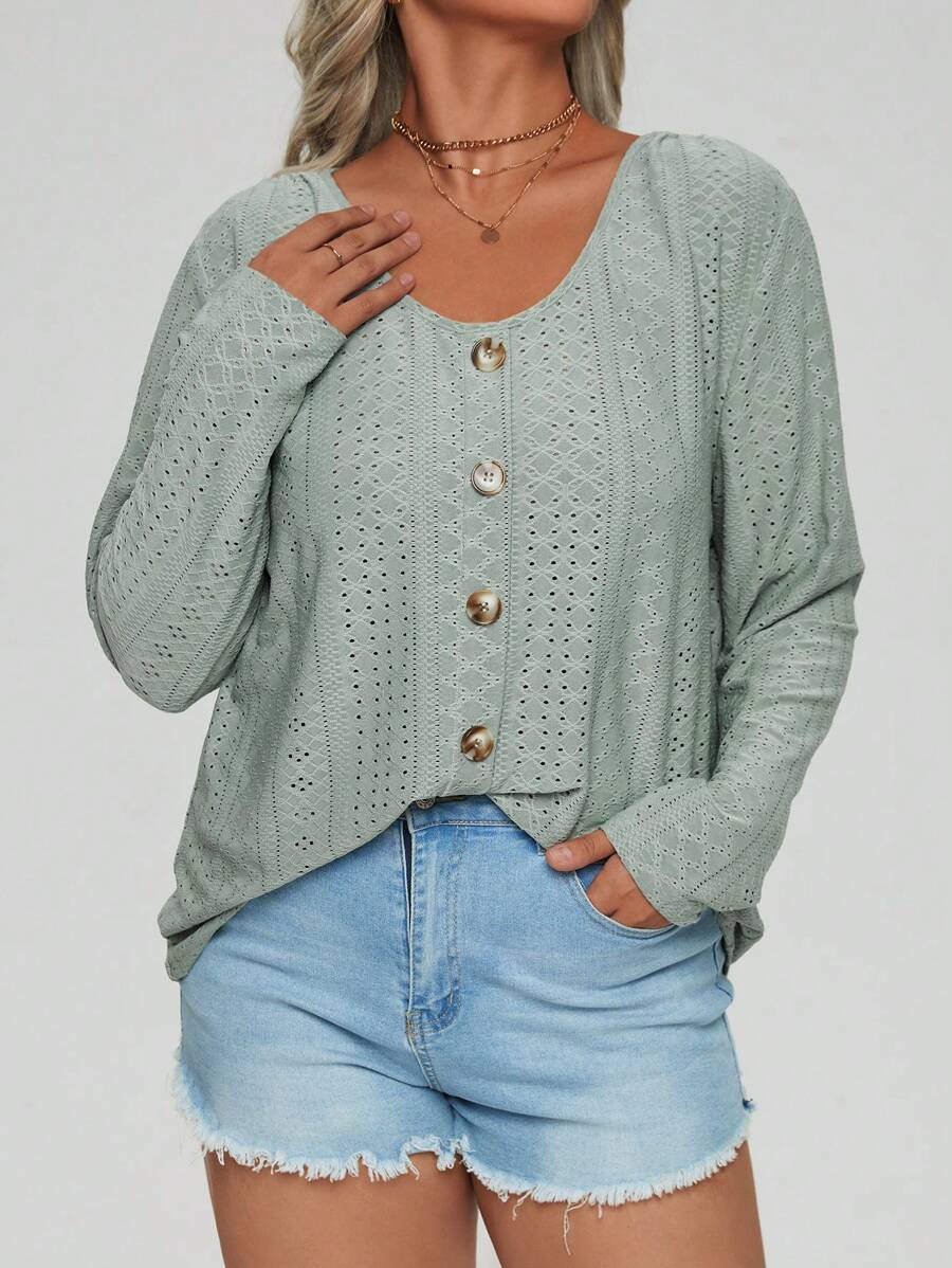 SHEIN LUNE 大碼網眼刺繡前紐扣T恤 - 薄荷綠 - 查看 1