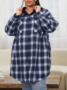 SHEIN CURVE+ Hơn In kẻ sọc Thả vai Dây rút Áo trùm đầu - Nhiều màu - Xem 3