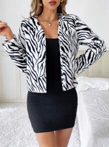 SHEIN Privé 斑馬紋開門襟夾克 - 白色 - 查看 7