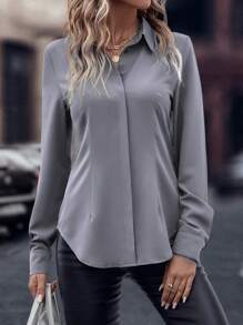 EMERY ROSE Solid Curved Hem Shirt,Long Sleeve Tops Fall Cloth For Women - Grey - View 5
