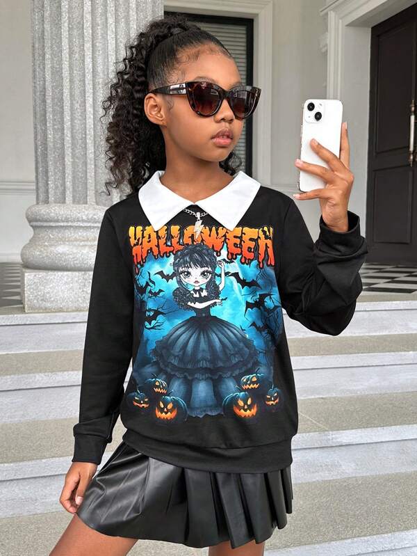 SHEIN Tween Girl Halloween Print Contrast Collar Sweatshirt