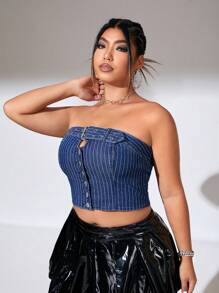 SHEIN ICON 大碼條紋圖案金屬氣眼牛仔上衣 - 藍色 - 查看 5