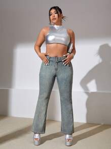 SHEIN ICON 大碼搭扣腰帶牛仔喇叭褲 - 銅色 - 查看 3