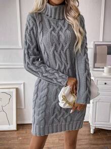 EMERY ROSE 高領麻花編織毛衣洋裝 - 灰色 - 查看 1