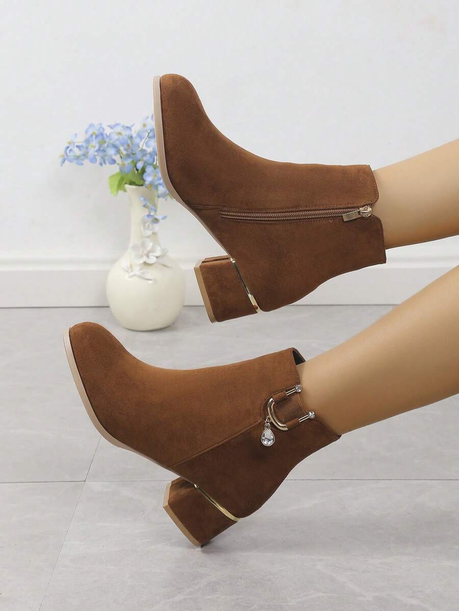 Minimalist Mid Chunky Heel Brown Suede Ankle Boots For Women With Rhinestone Pendant Side Zipper Design, Fashion & Elegant Boots