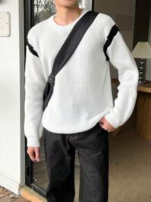 Claim Dot 男士撞色拼接落肩毛衣 - 白色 - 查看 7