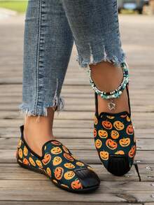 萬聖節主題女性平底鞋帶鬼臉部和南瓜圖案 - 黑色 - 查看 4