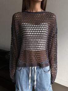 DAZY 鏤空落肩袖套頭毛衣不附吊帶上衣 - 深灰色 - 查看 6