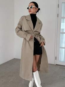 DAZY Solid Color Long Trench Coat, Business Casual,Fall Clothes,Back To School Clothes Women Jacket - Khaki - View 5