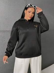 SHEIN EZwear Plus Slogan Graphic Drop Shoulder Drawstring Hoodie