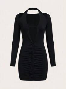 SHEIN ICON 萬聖節前鏤空褶邊緊身洋裝 - 黑色 - 查看 2