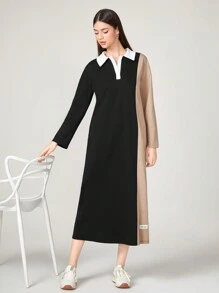 Seusyu 雙色字母貼布Polo領T恤洋裝