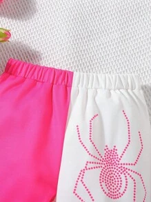 SHEIN Tween Girls Spider Print Two Tone Sweatpants - Hot Pink - View 4