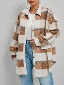 SHEIN EZwear Hơn In kẻ sọc Thả vai Áo khoác Teddy - Màu Khaki - Xem 5