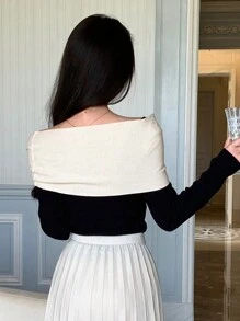 DAZY Áo len mỏng vừa vặn xoắn phía trước có bảng điều khiển tương phản, Áo trễ vai dễ thương cho mùa thu - màu đen - Xem 2