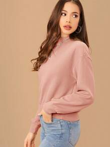 SHEIN Essnce 秋冬立领落肩套头衫、长袖上衣 - 粉色 - 查看 3