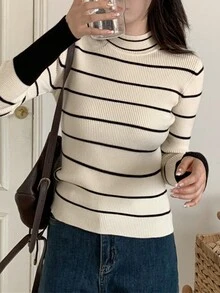 条纹立领罗纹针织毛衣 - 杏色 - 查看 3