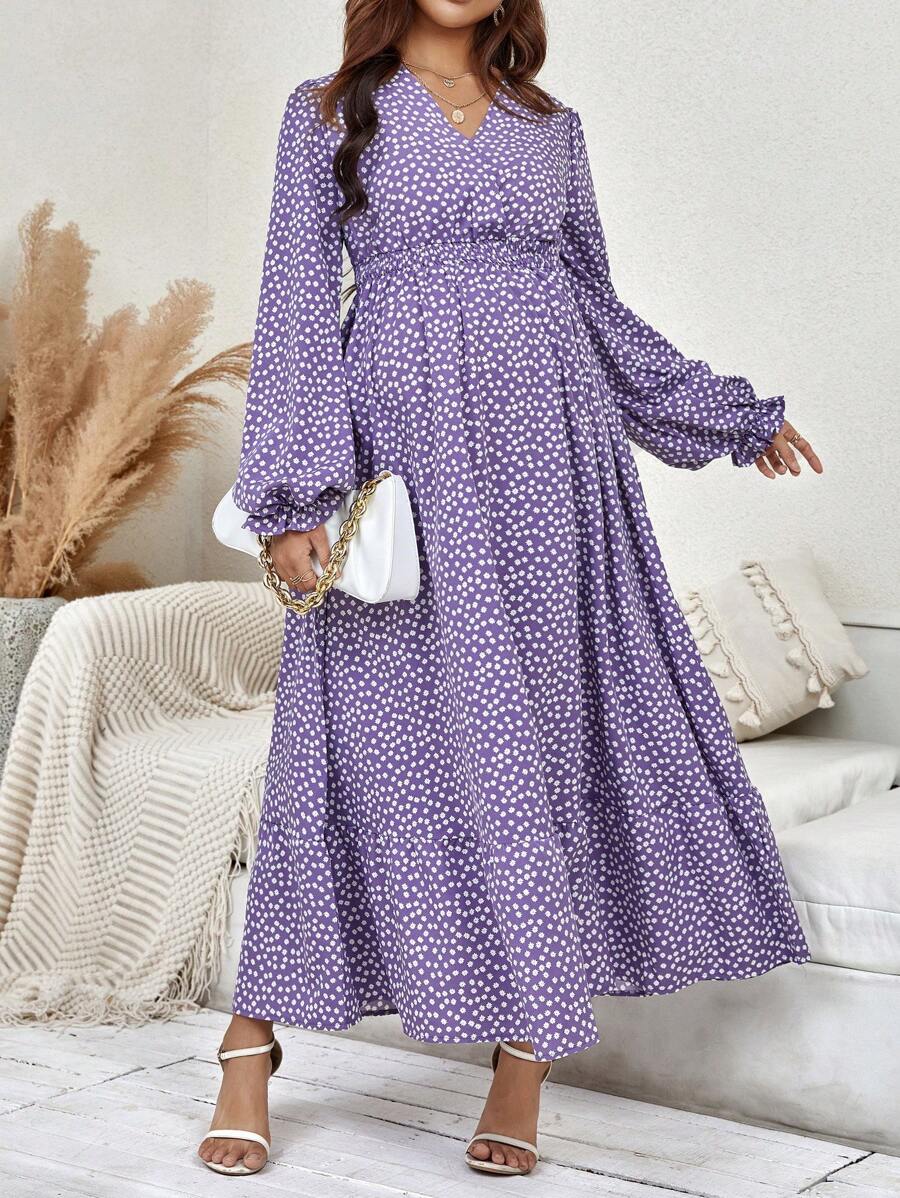 SHEIN 孕婦碎花喇叭袖荷葉邊洋裝 - 淡紫色 - 查看 1