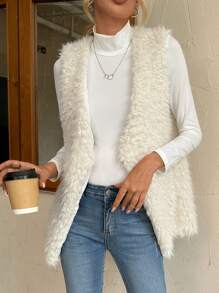 SHEIN LUNE Open Front Fuzzy Vest Coat - Beige - View 3