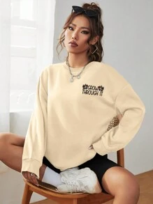 SHEIN Essnce Đồ họa hoa & khẩu hiệu Thả vai Áo nỉ - Màu Khaki - Xem 4