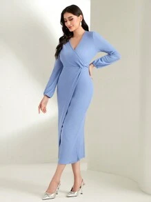 Seusyu Solid Wrap Hem Bodycon Dress - Blue - View 3