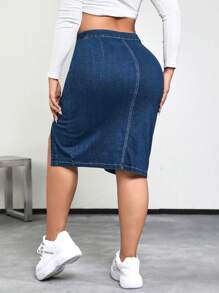 SHEIN ICON Plus Button Front Split Thigh Denim Skirt - Dark Wash - View 2