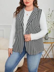 SHEIN Privé Plus Houndstooth Print Double Breasted Vest Blazer - Black - View 5
