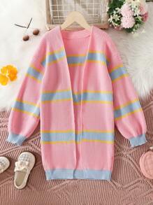 SHEIN Tween Girl Striped Pattern Drop Shoulder Duster Cardigan - Pink - View 1