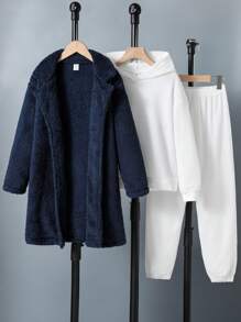 SHEIN 男大童素色絨毛外套和褲子&連帽衫 - 藍色 - 查看 1