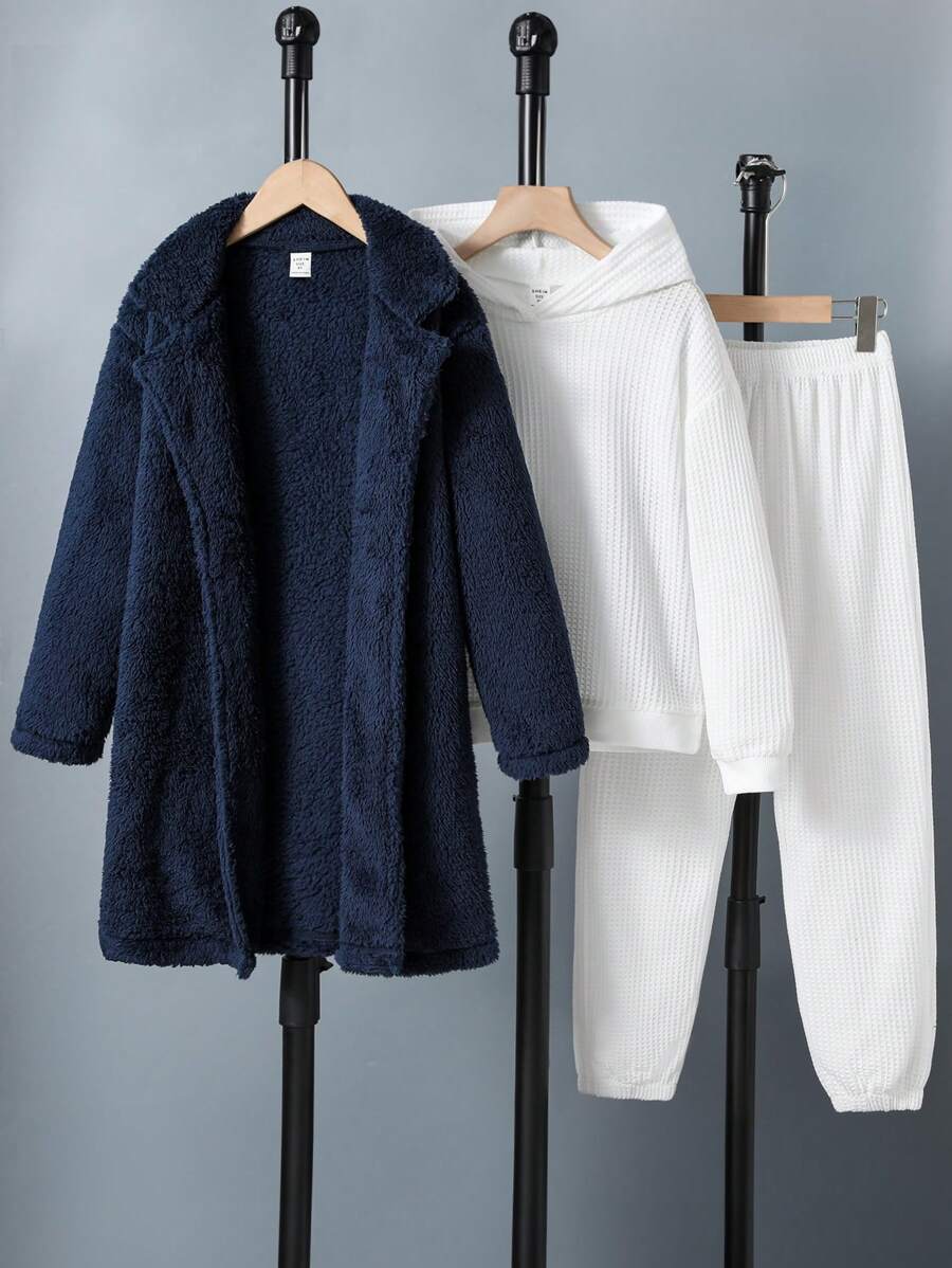 SHEIN 男大童素色絨毛外套和褲子&連帽衫 - 藍色 - 查看 1